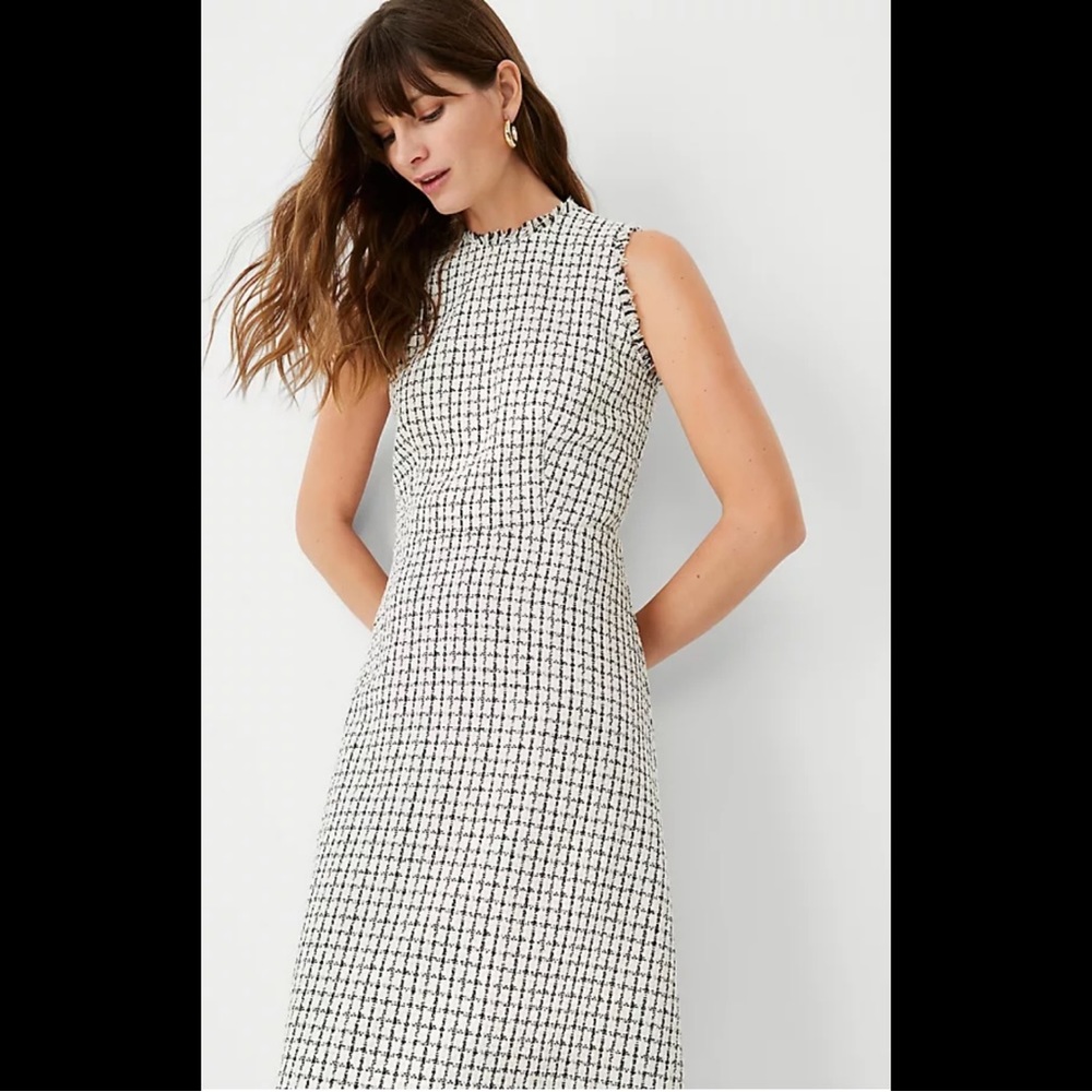 Ann Taylor Womens Tweed Sleeveless Textured Midi Dress Fit Flare Cocktail Office